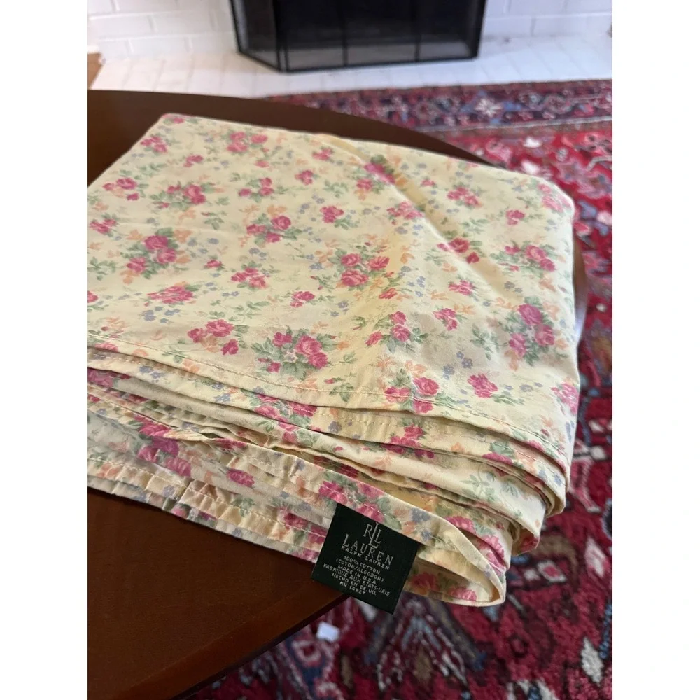 Vintage Ralph Lauren Shelter Island Full Flat Sheet Cotton Floral Pink Roses USA